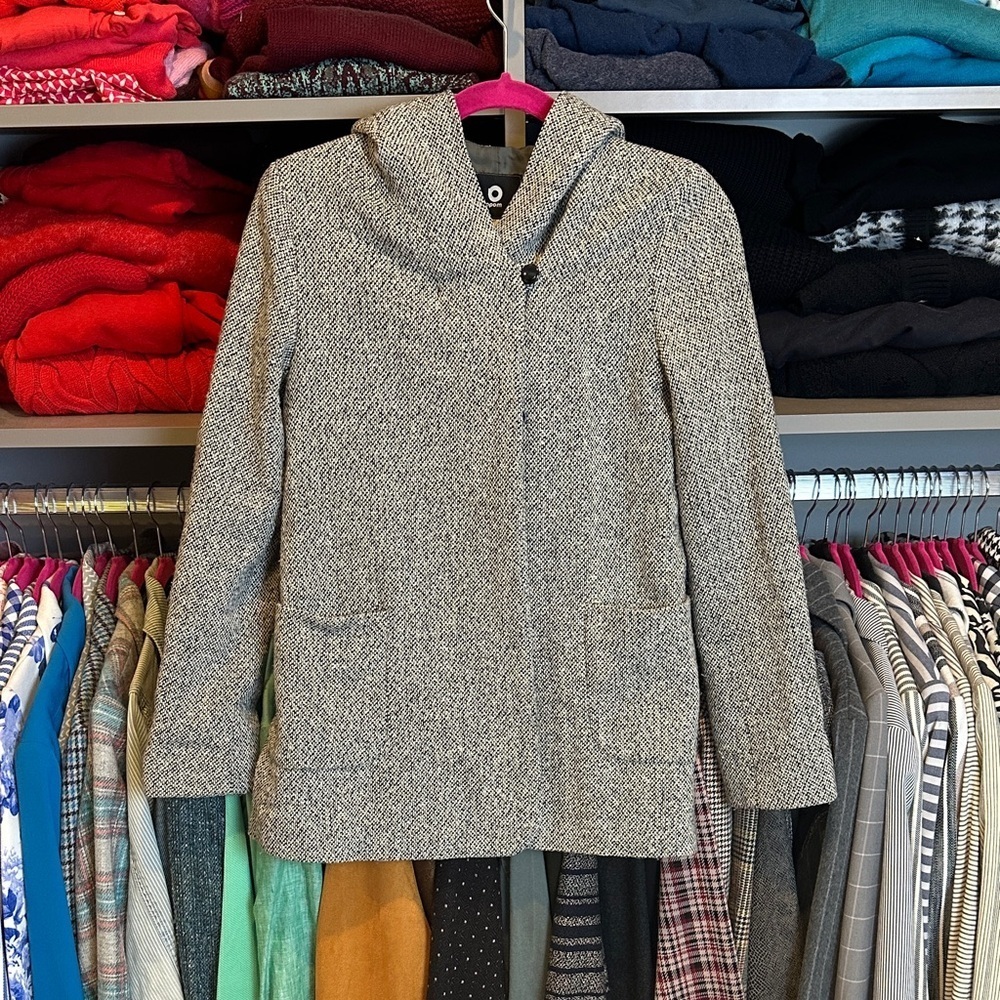 Ppm gray/black tweed front button closure 2 pocket hooded coat size S